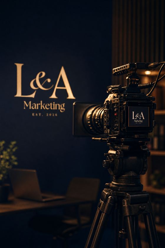 Videoproduktion — kamera i mørkt studie med L&A Marketing logo