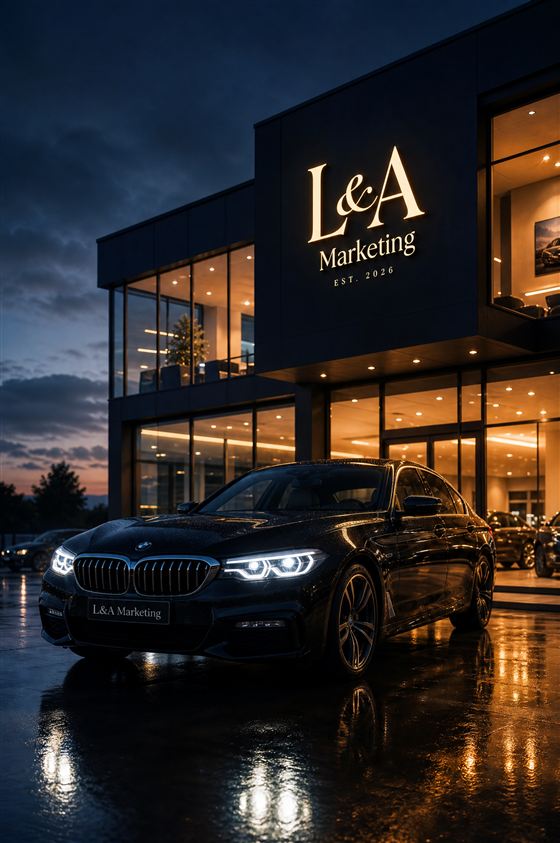 Bilforhandler-kampagne — luksusbil foran showroom